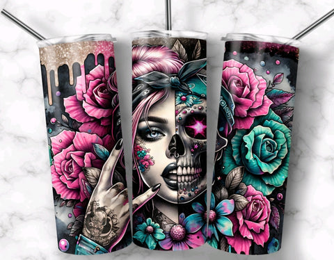 20 oz Skinny Tumbler - Skull Floral - B - More Crafty