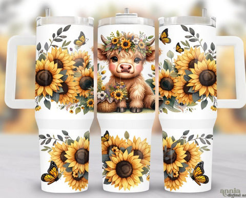 40 oz Tumbler - Highland Cow Sunflower - B - More Crafty